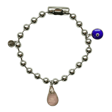 Silver Charm Bracelet with Rose Quartz & Blue Evil Eye