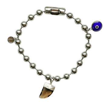 Silver Charm Bracelet with Smoky Quartz & Blue Evil Eye