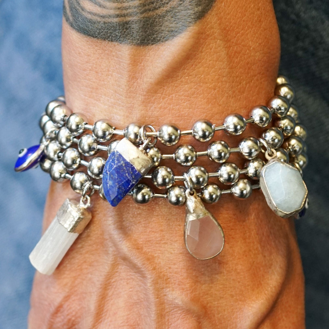 Silver Charm Bracelet with Sodalite & Blue Evil Eye