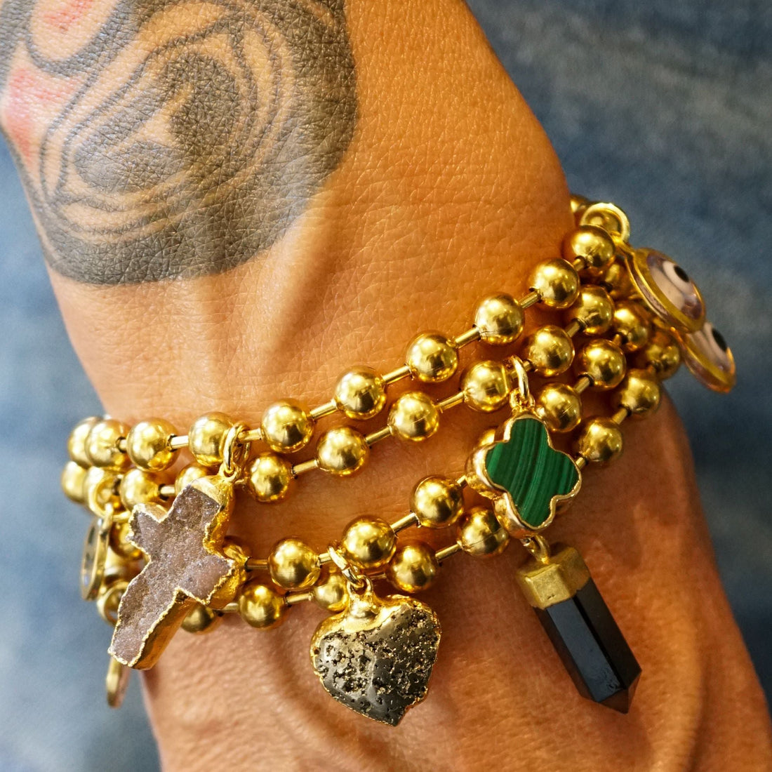 Gold Charm Bracelet with Tiger's Eye & Clear Evil Eye