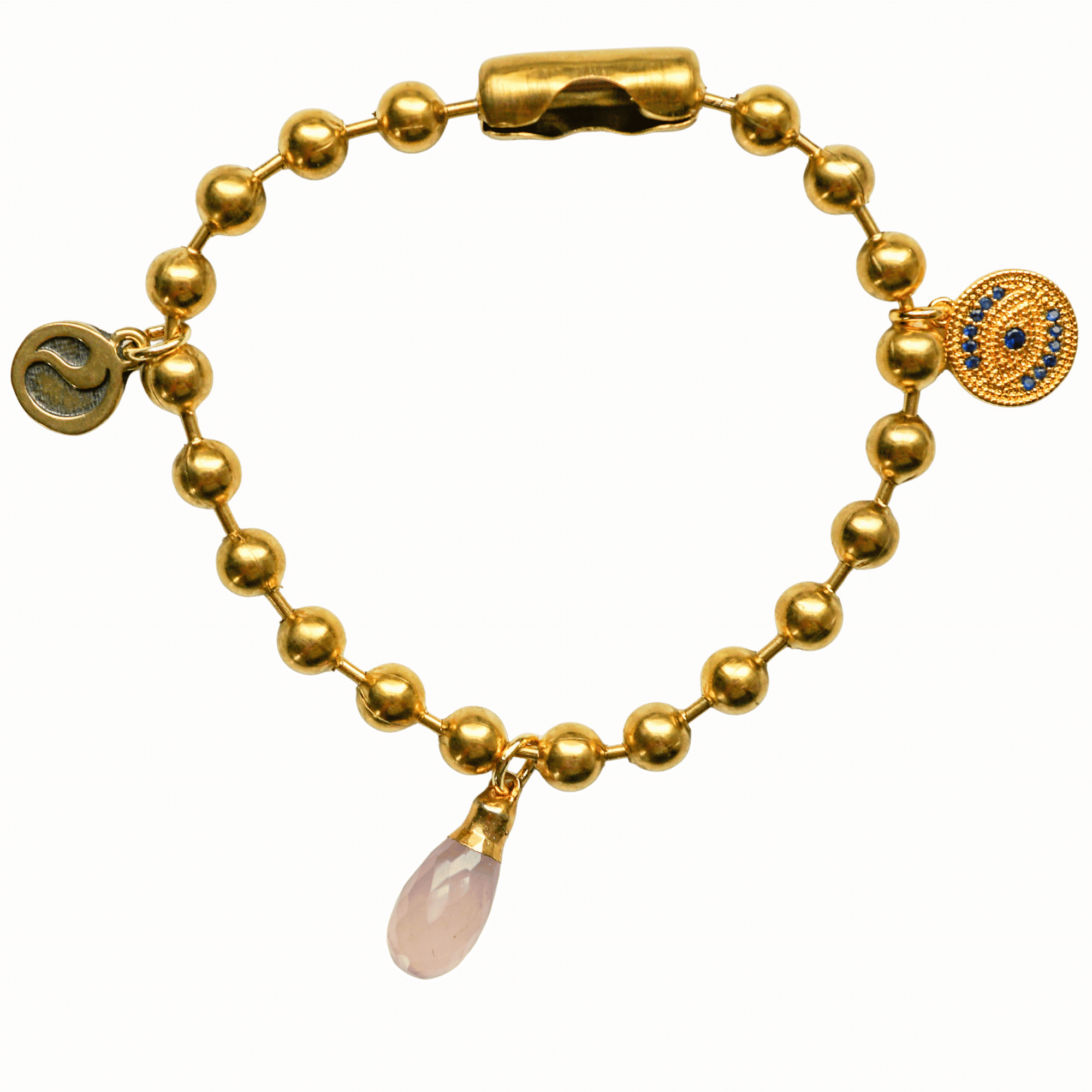 Gold Charm Bracelet with CZ Evil Eye & Rose Quartz