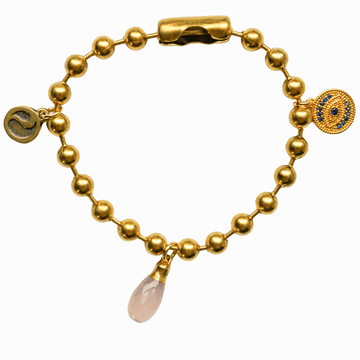 Gold Charm Bracelet with CZ Evil Eye & Rose Quartz