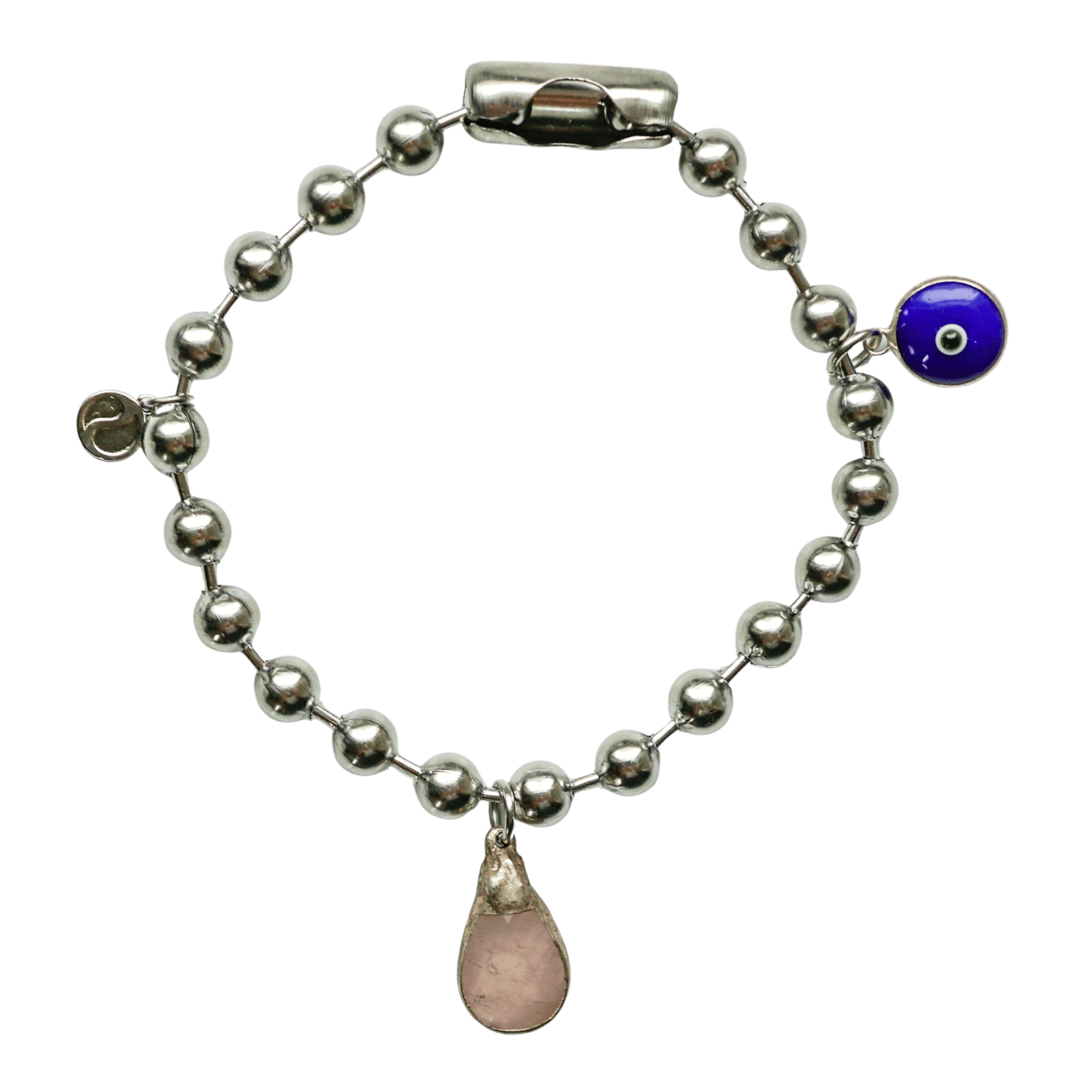 Silver Charm Bracelet with Rose Quartz & Blue Evil Eye