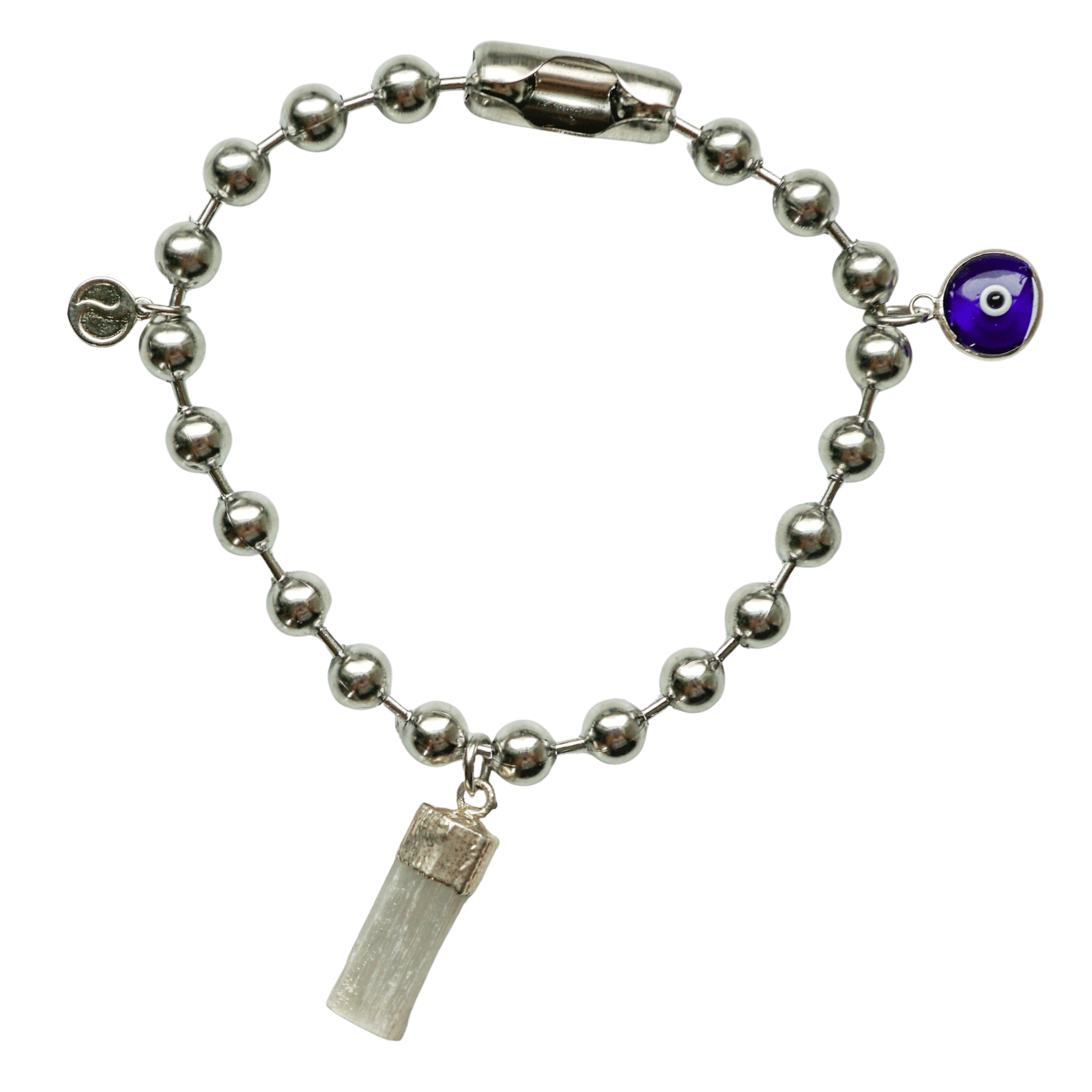 Silver Charm Bracelet with Selenite & Blue Evil Eye