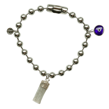 Silver Charm Bracelet with Selenite & Blue Evil Eye