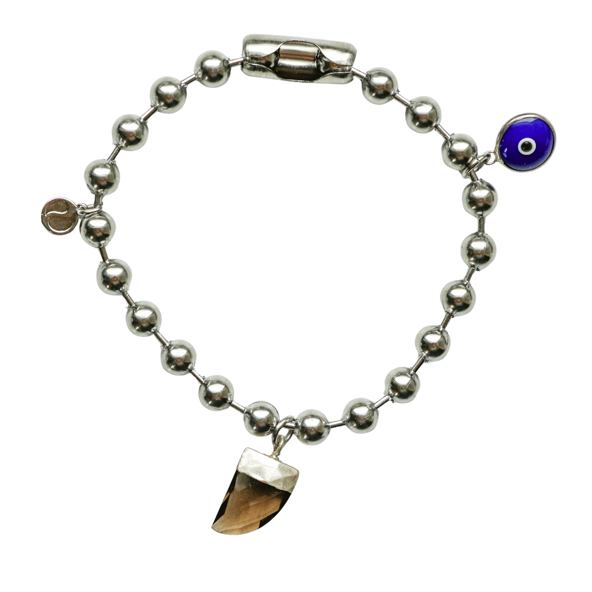 Silver Charm Bracelet with Smoky Quartz & Blue Evil Eye